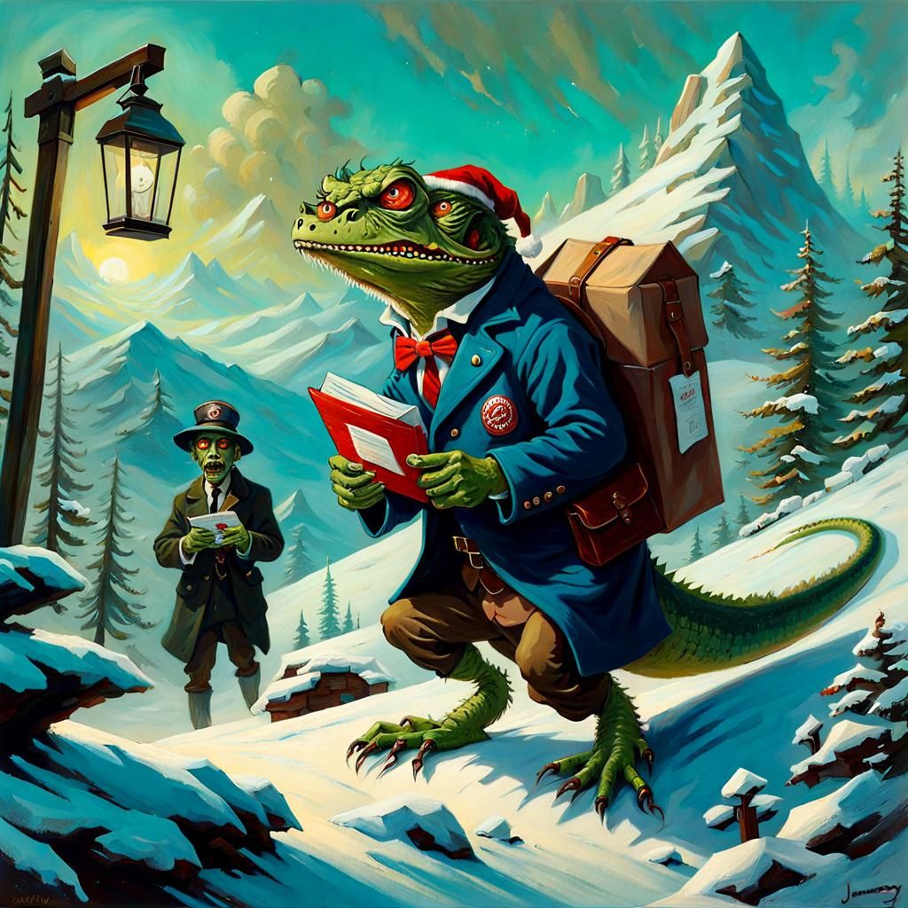 Zombie Lizard Mailman Delivers Mail, Oil Painting