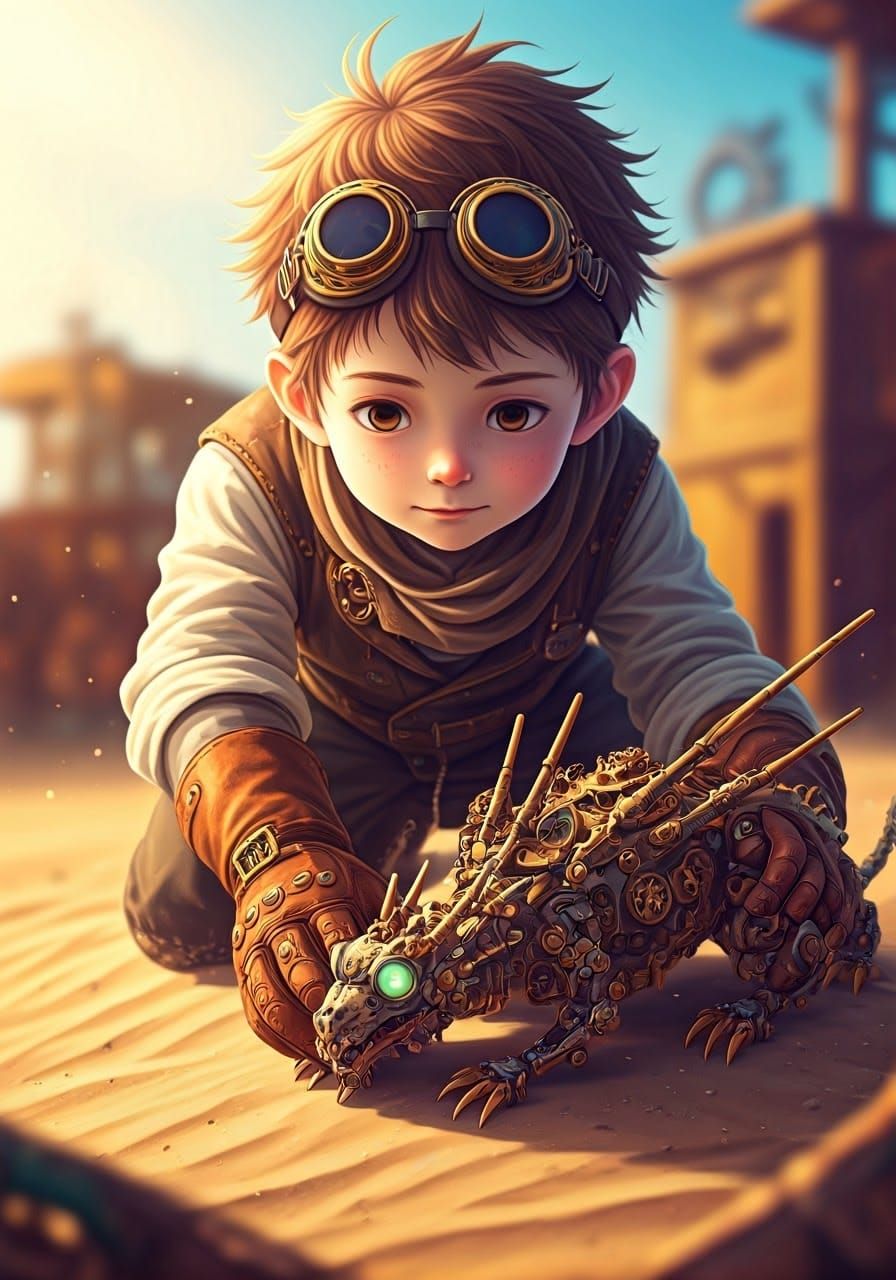 Steampunk Boy and Mecha Dragon in Anime Style