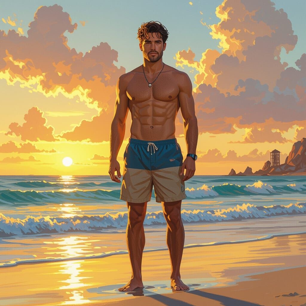 Handsome Man on Beach in Dystopian Realism