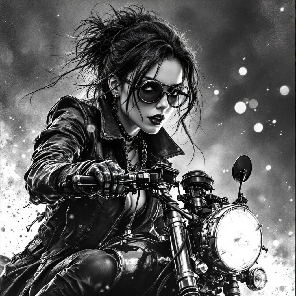 Grunge Goth Punk Woman on Motorbike in Police Portrait Style