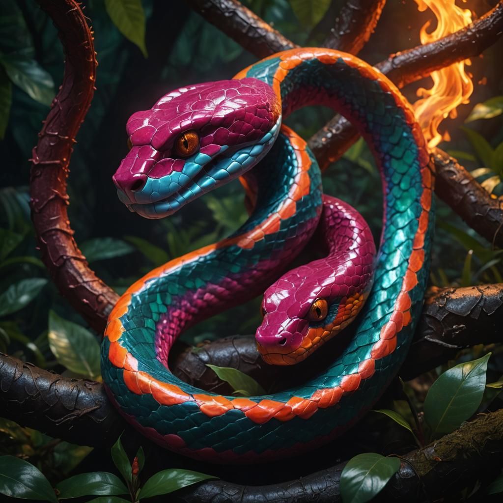 Fiery Ruby Jungle Pit Viper in Opalescent Style