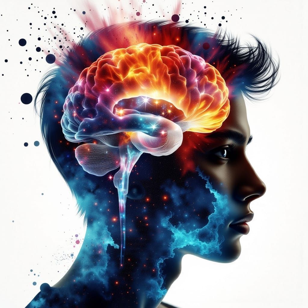 Cosmic Brain: A Double Exposure Portrait in Watercolor Style