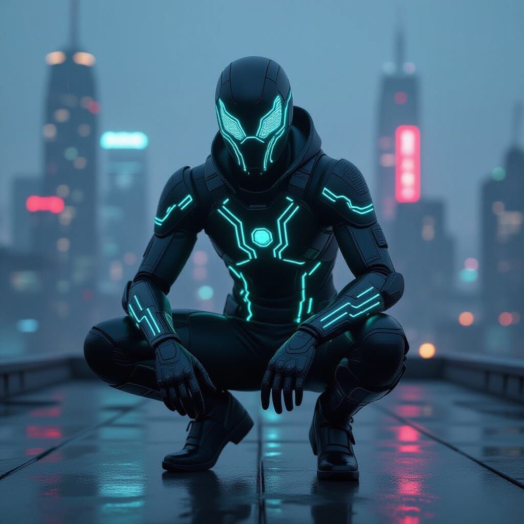 Cyber-Noir Spidersona Circuit Weaver on Rooftop