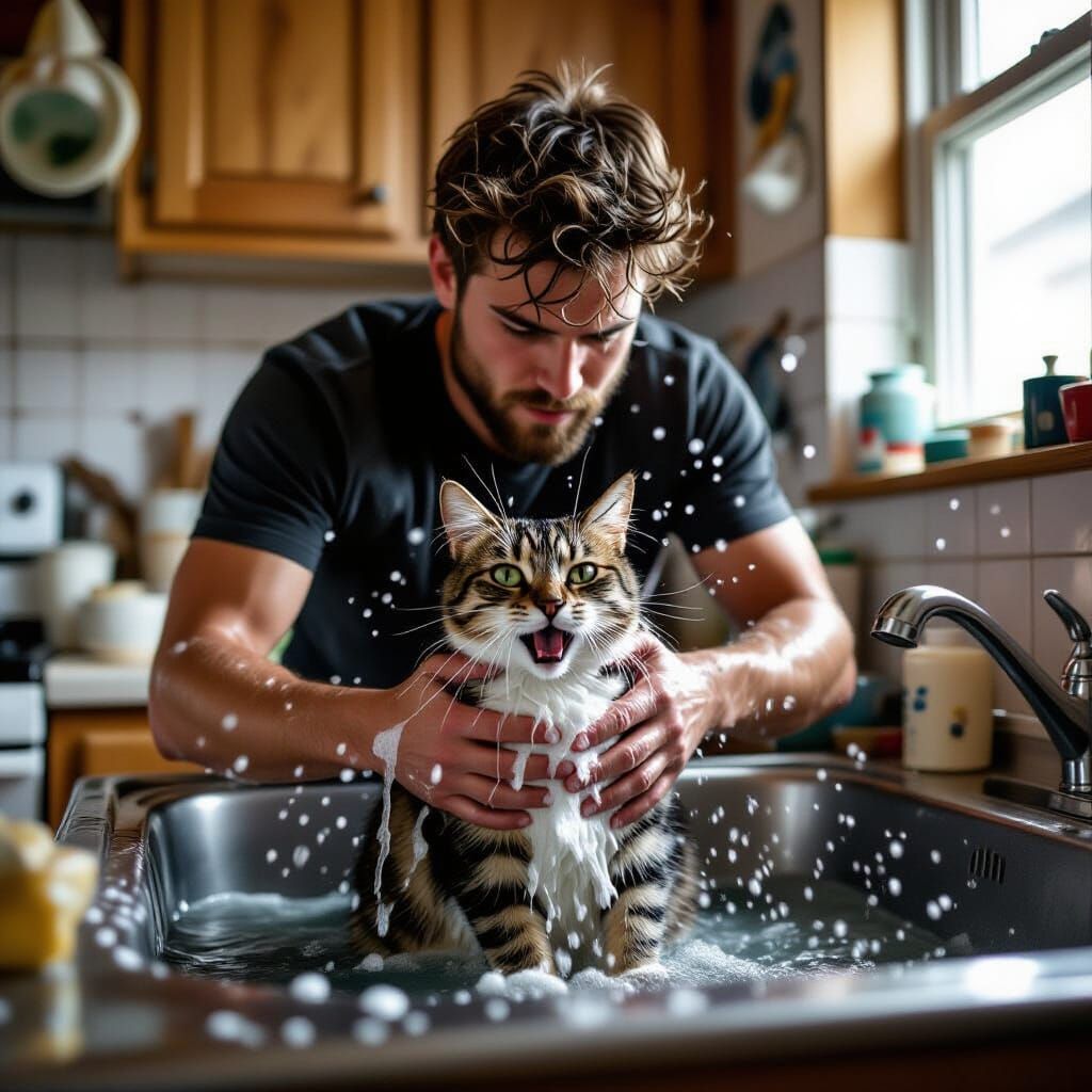 Man Battles Cat in Kitchen Sink, Photography Style