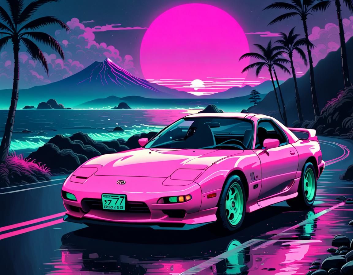 Mazda RX-7 in Vaporwave Style on Japanese Coast
