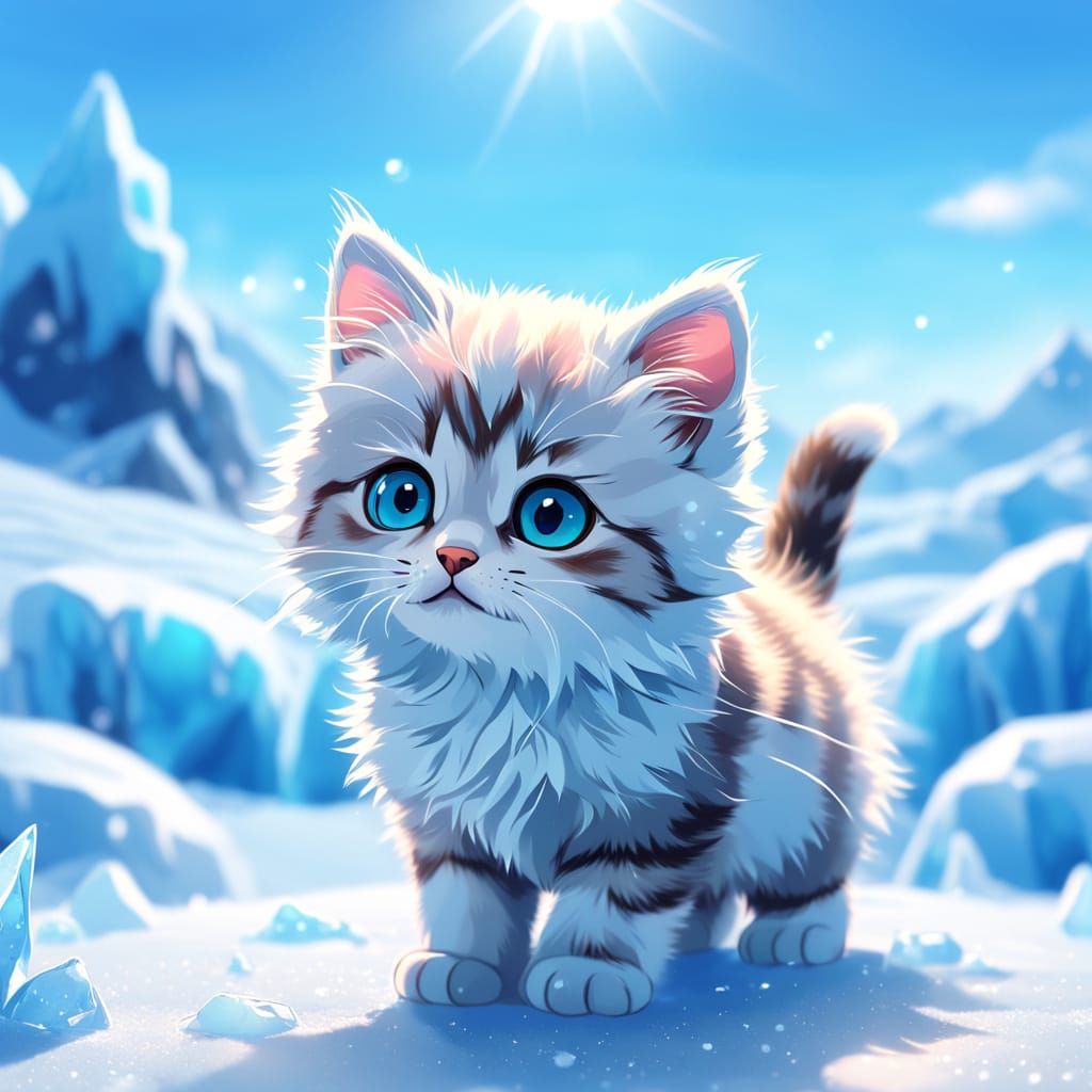 Kitten in Frozen Landscape: Kawaii Digital Art
