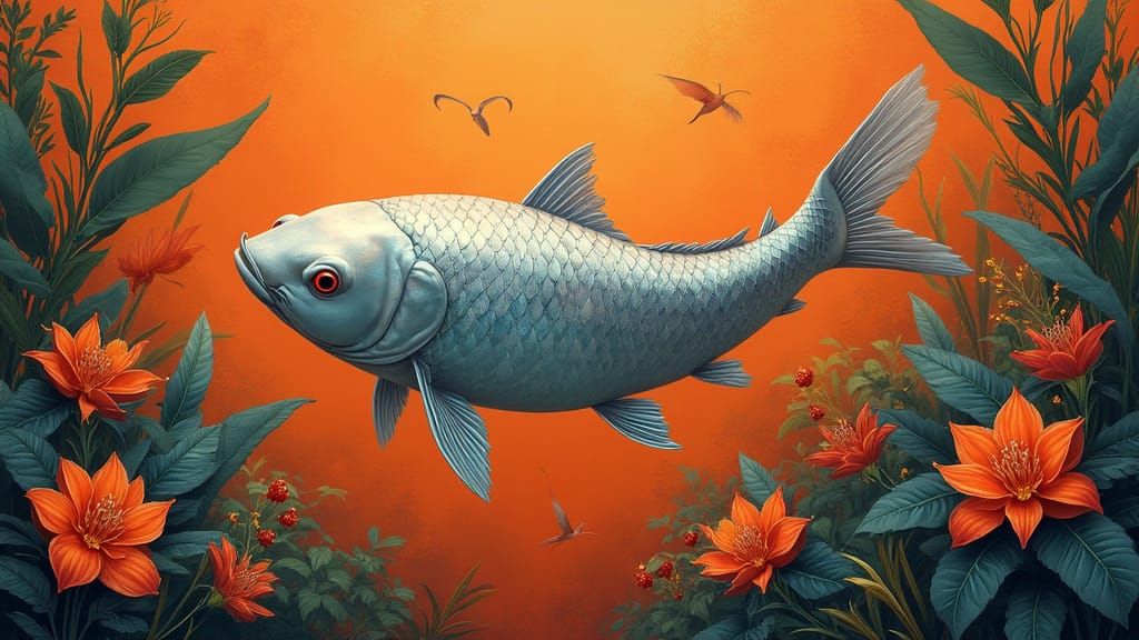 Luminous Art Nouveau Koi Fish in Exotic Jungle