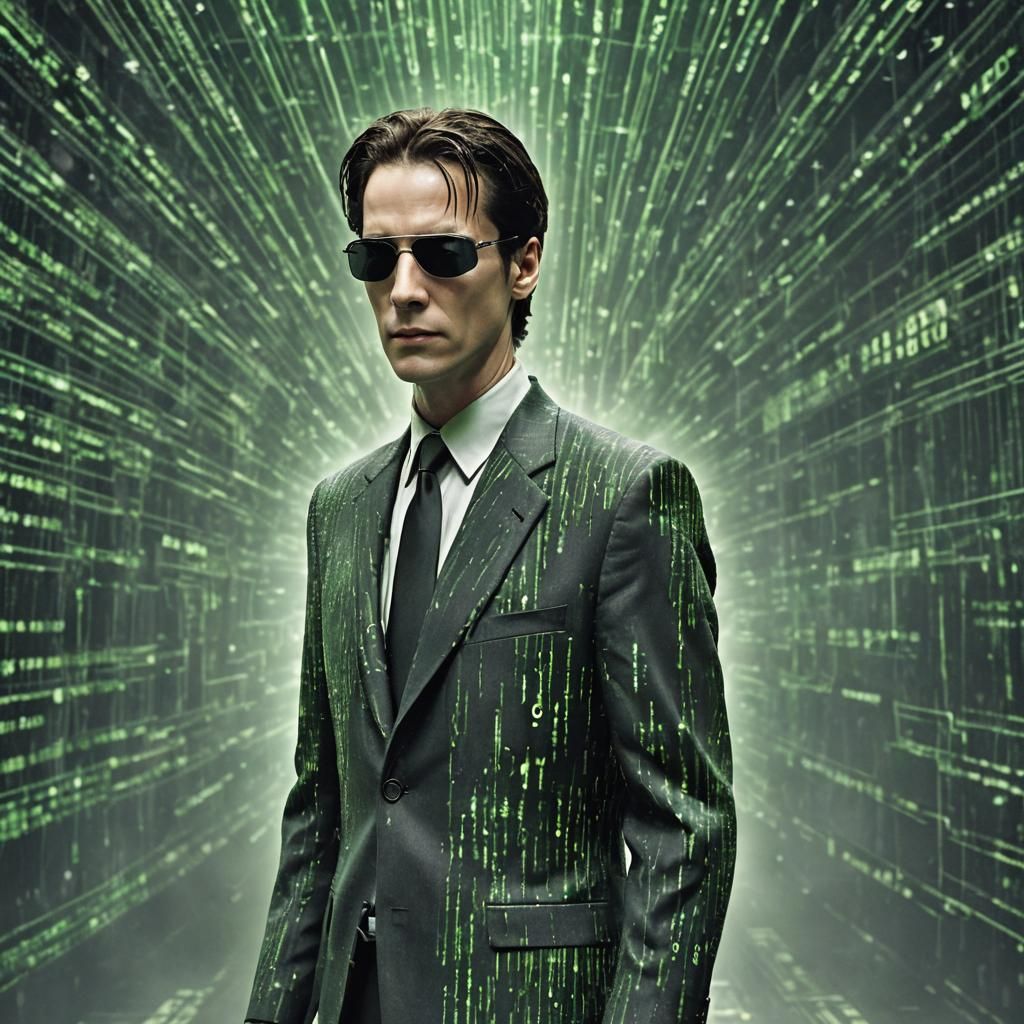 A human-dog-creature fusion with  Mr. Smith of Matrix, sungl...