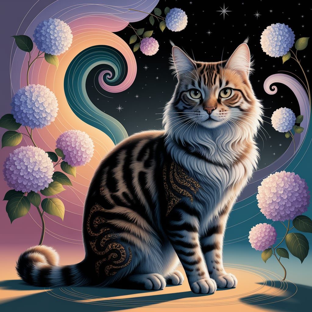 Majestic Golden Cat Under Starry Night Sky