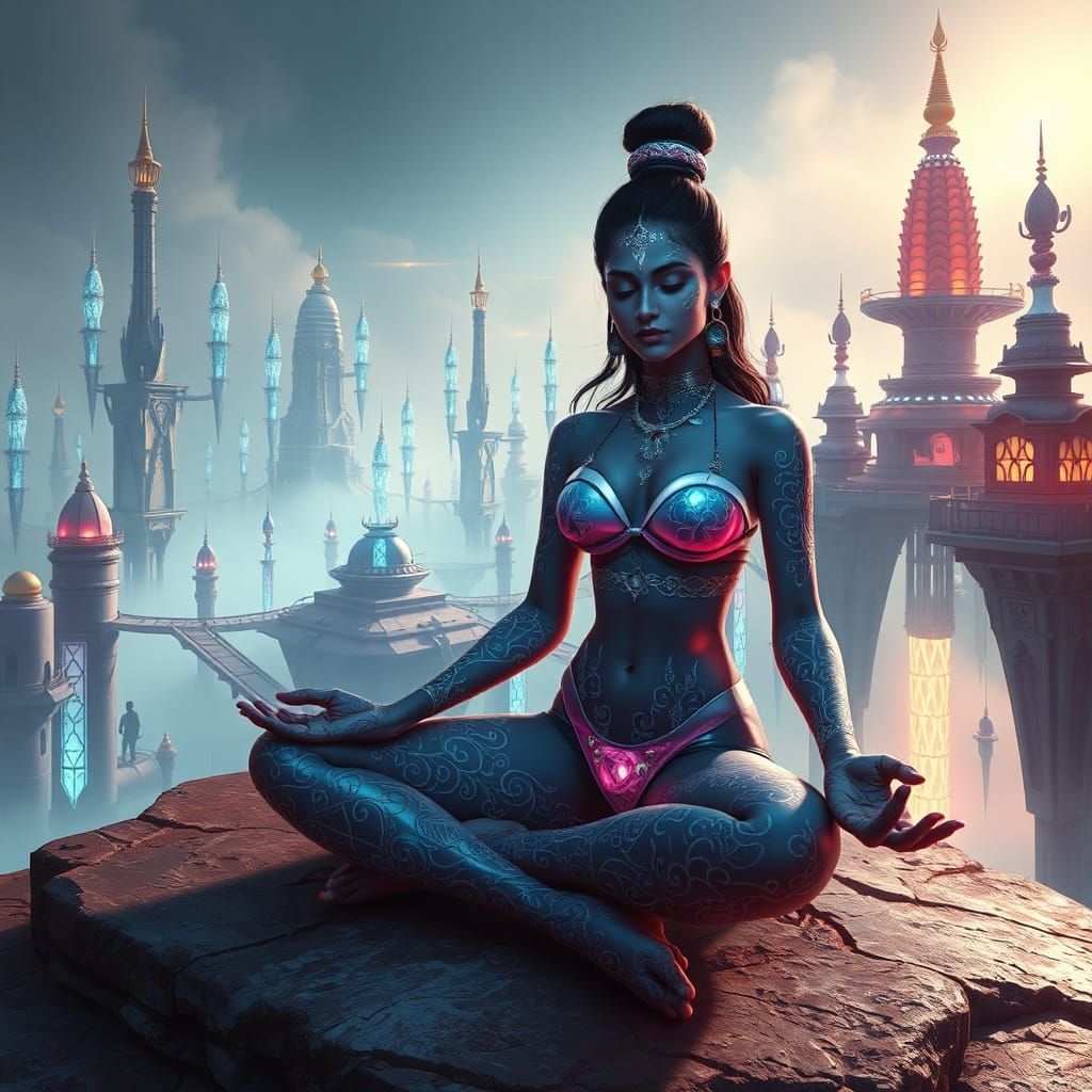 Futuristic Indian Woman and Shiva Meditate in Sky City
