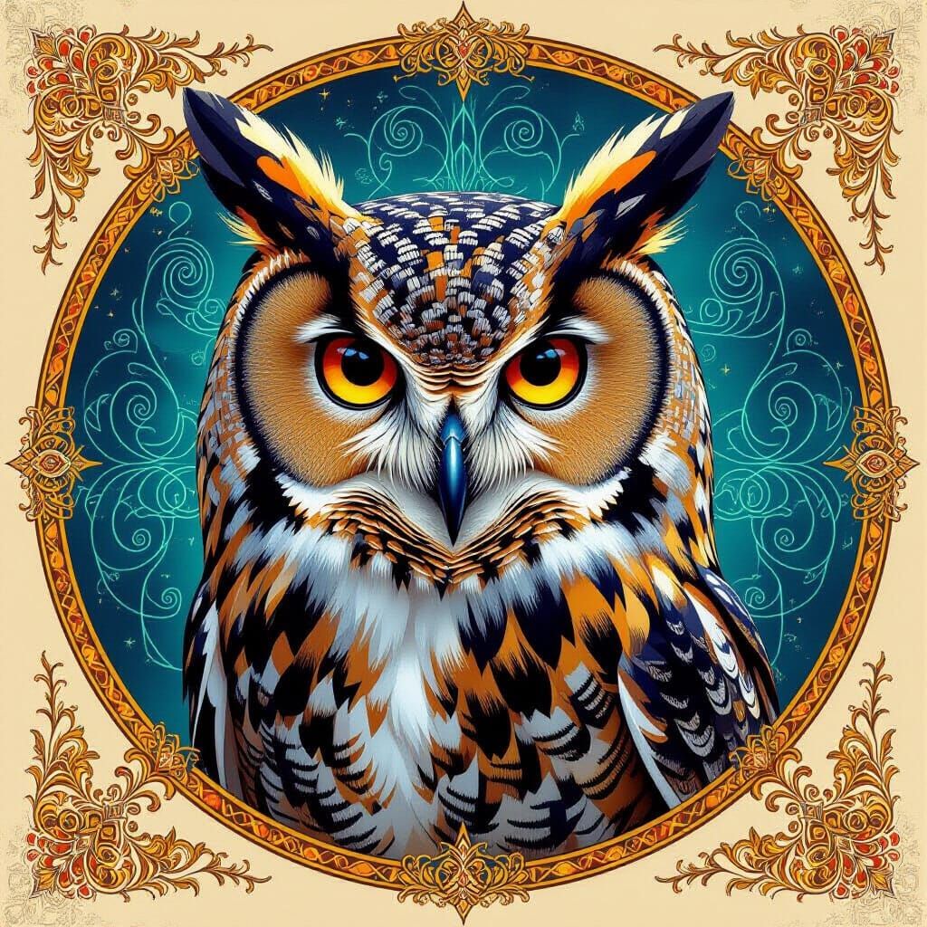 Owl Portrait with Cosmic Psychedelic Art Style