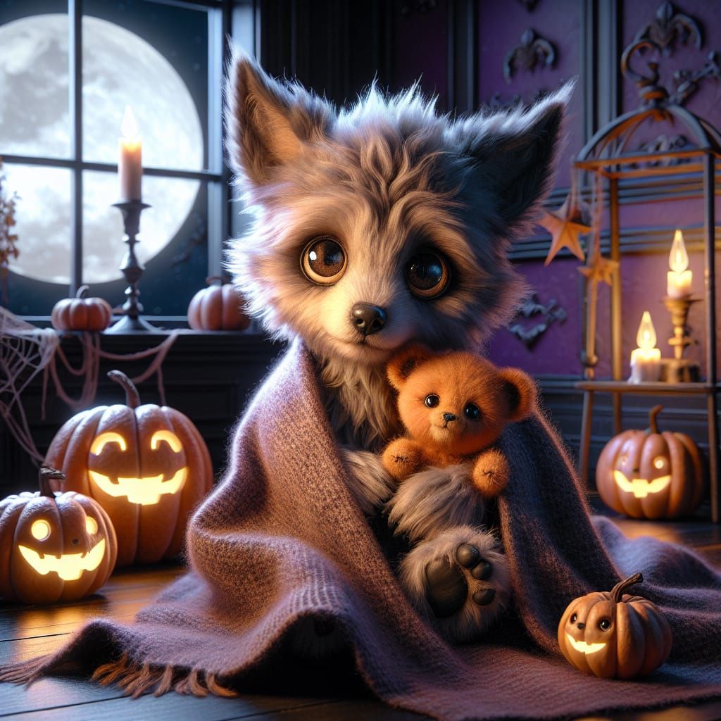 Cute Werewolf Cub Hugging Teddy Bear in Art Nouveau Style