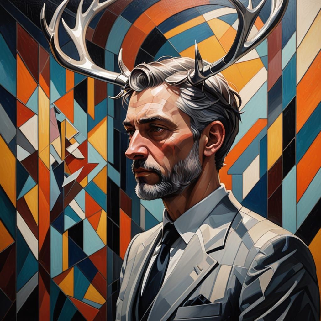 Neo-Cubist Art Deco Hall with Silver Antlers