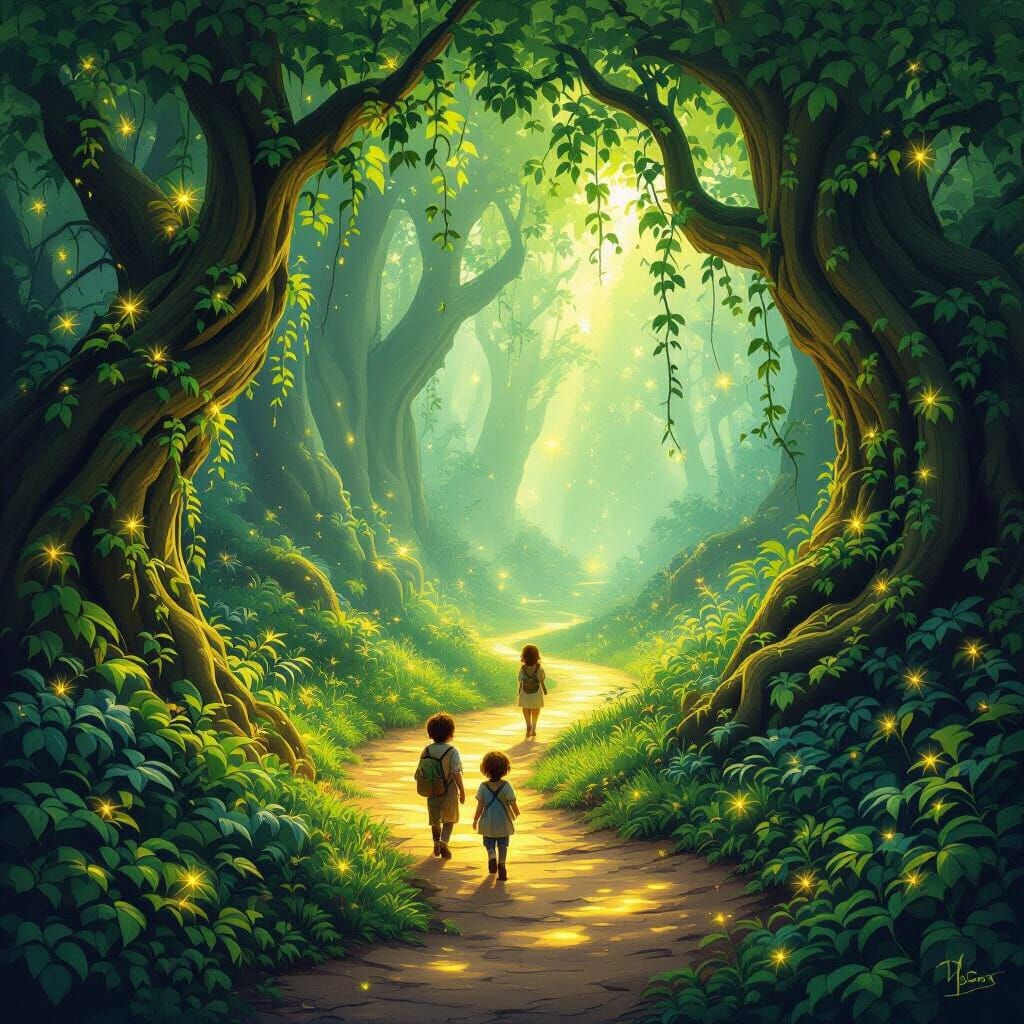 Enchanting Forest Path Explored by Children