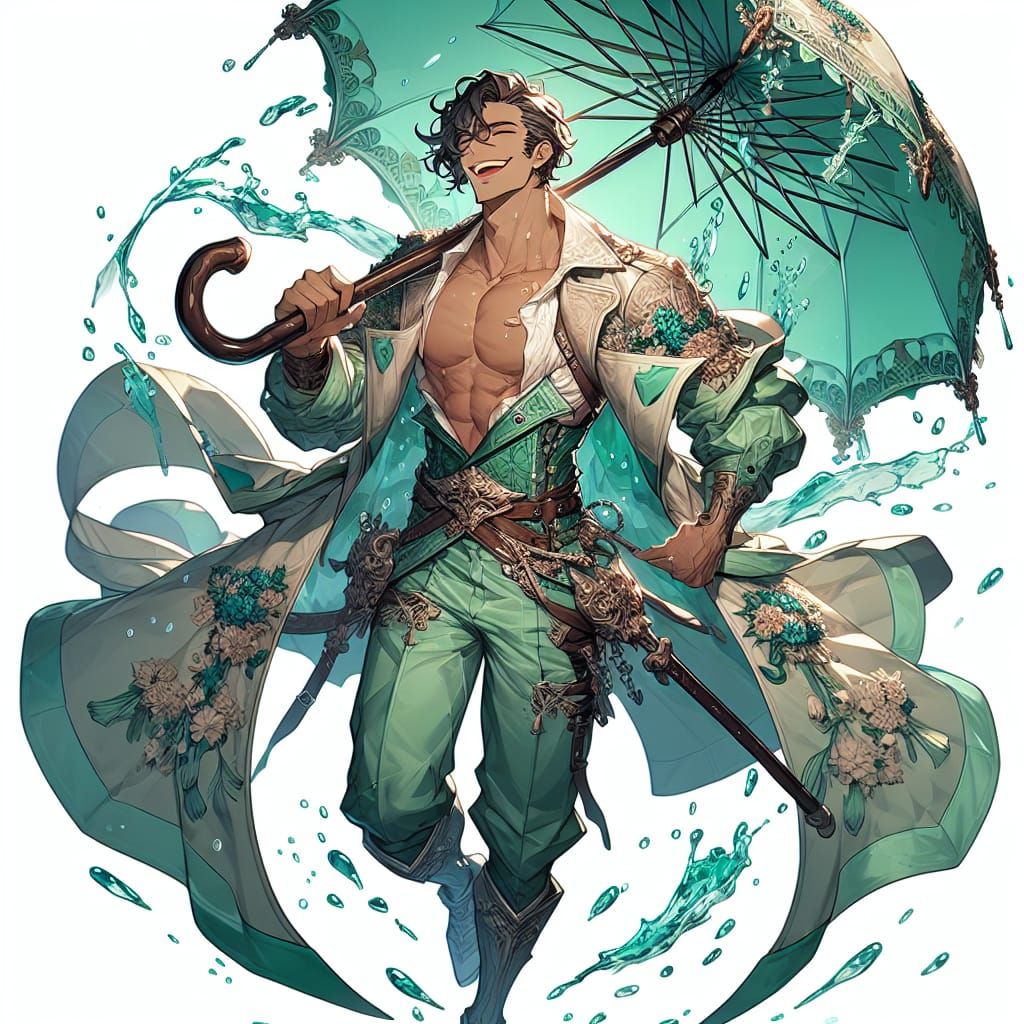 Anime Knight with Jade Umbrella by the Sea