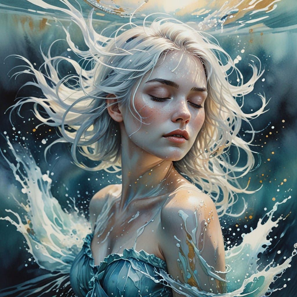 Ethereal Watercolor Portrait of a Diaphanous Woman Emerging....