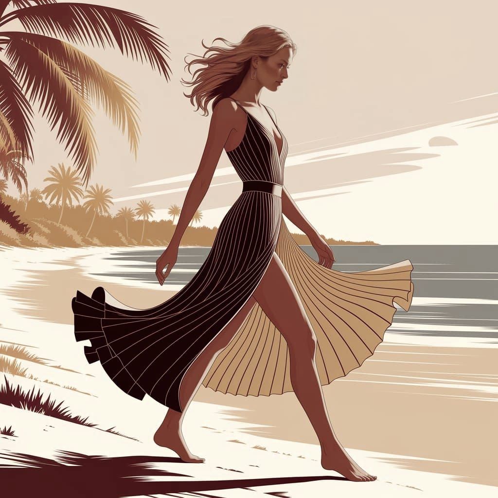 Elegant Woman Walks Along Sun-Kissed Beach in Impressionist ...