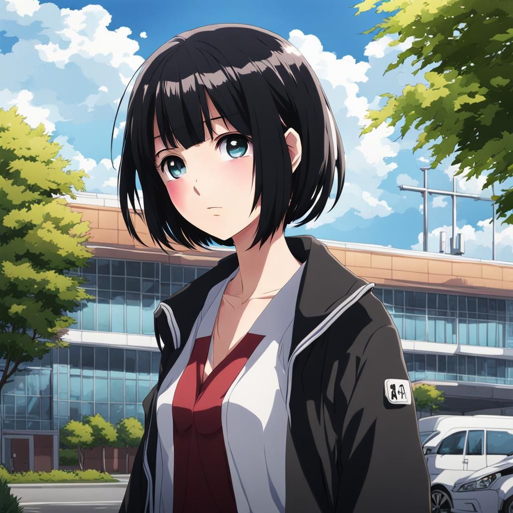 Anxious Girl Outside Hospital in Anime Style