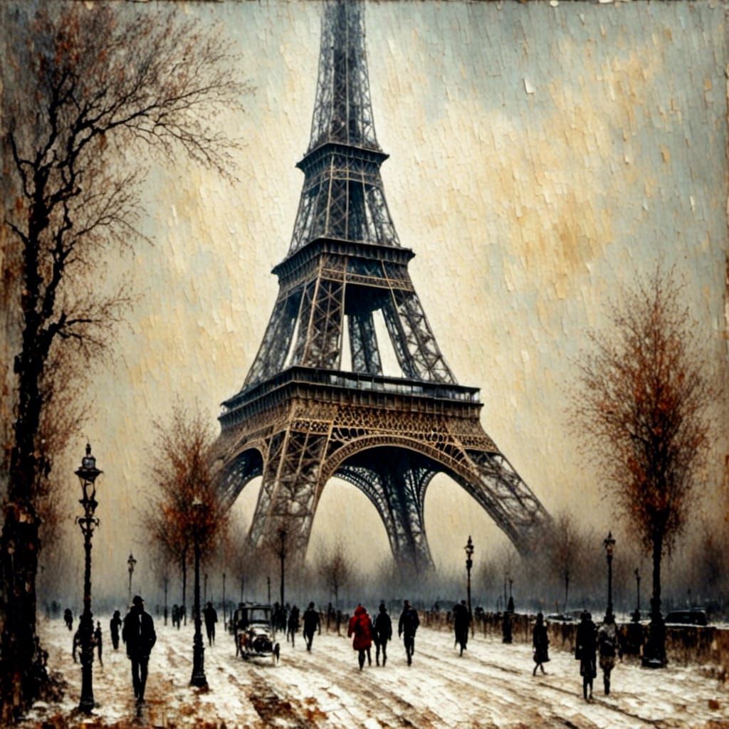 Eiffel Tower Winter Scene in Grungy Impasto Style
