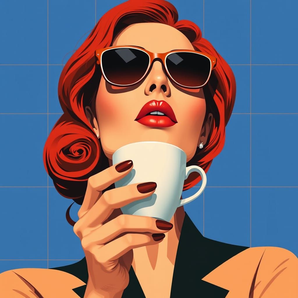 Elegant Redhead with Coffee, in Cubist Style