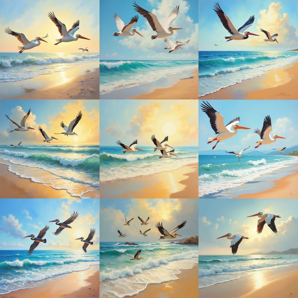 Pelicans Over Ocean Beach as Oil Painting
