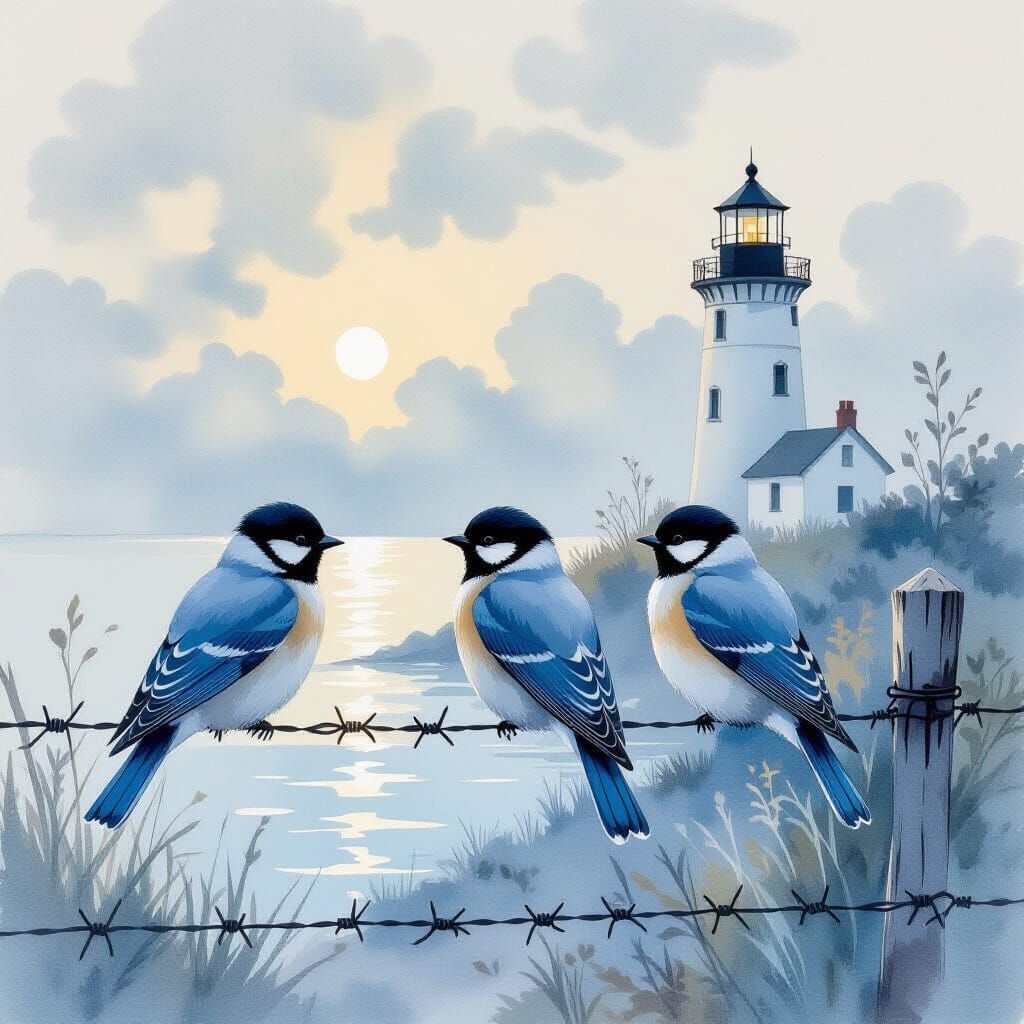 Birds on Fence in Dreamy Watercolor Landscape