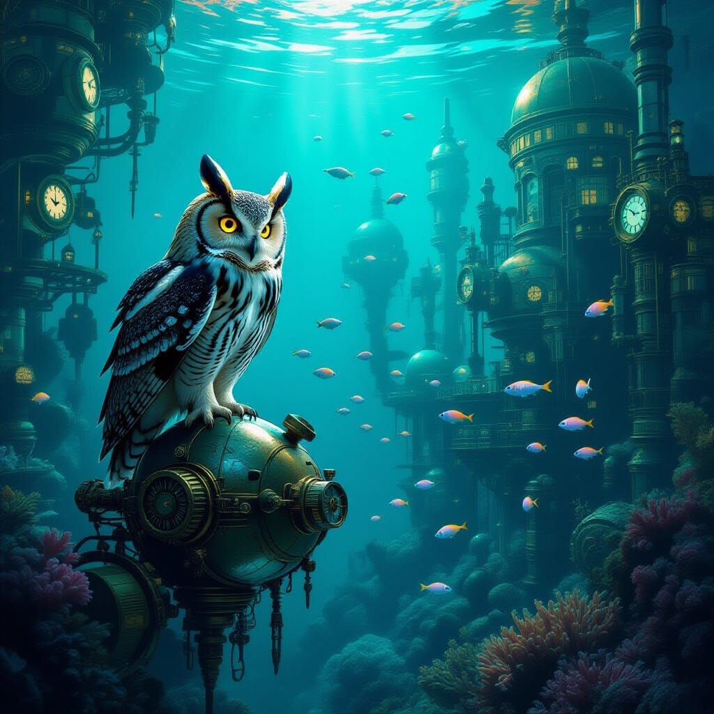 Owl on Steampunk Automaton in Underwater City