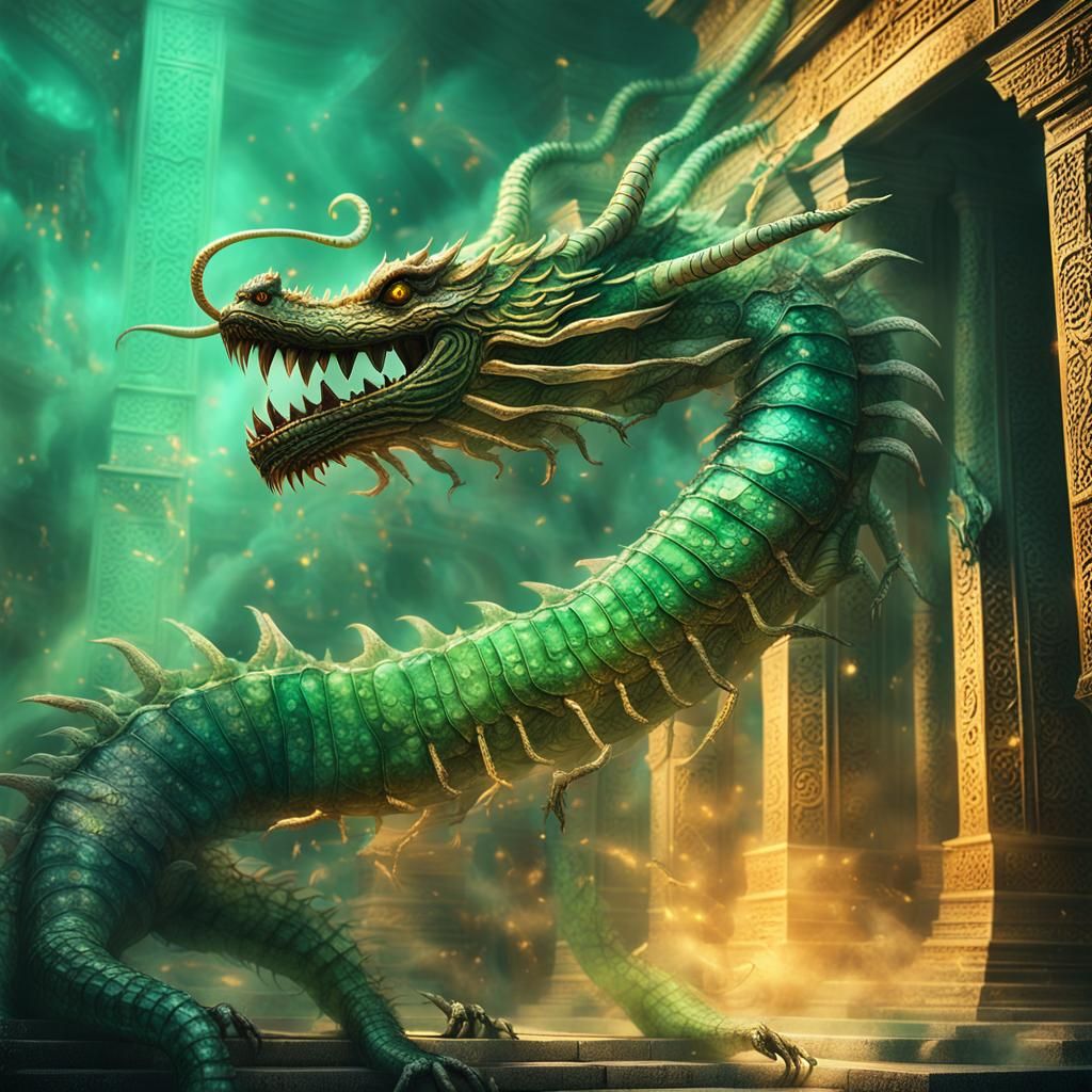 Majestic Centipede Dragon Emerges from Ancient Temple