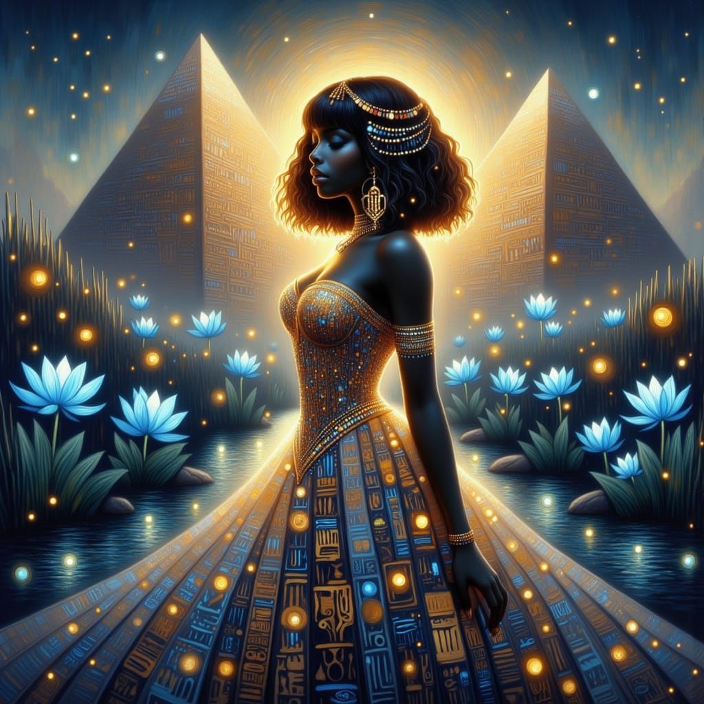Egyptian Woman with Lotus Flowers and Pyramid