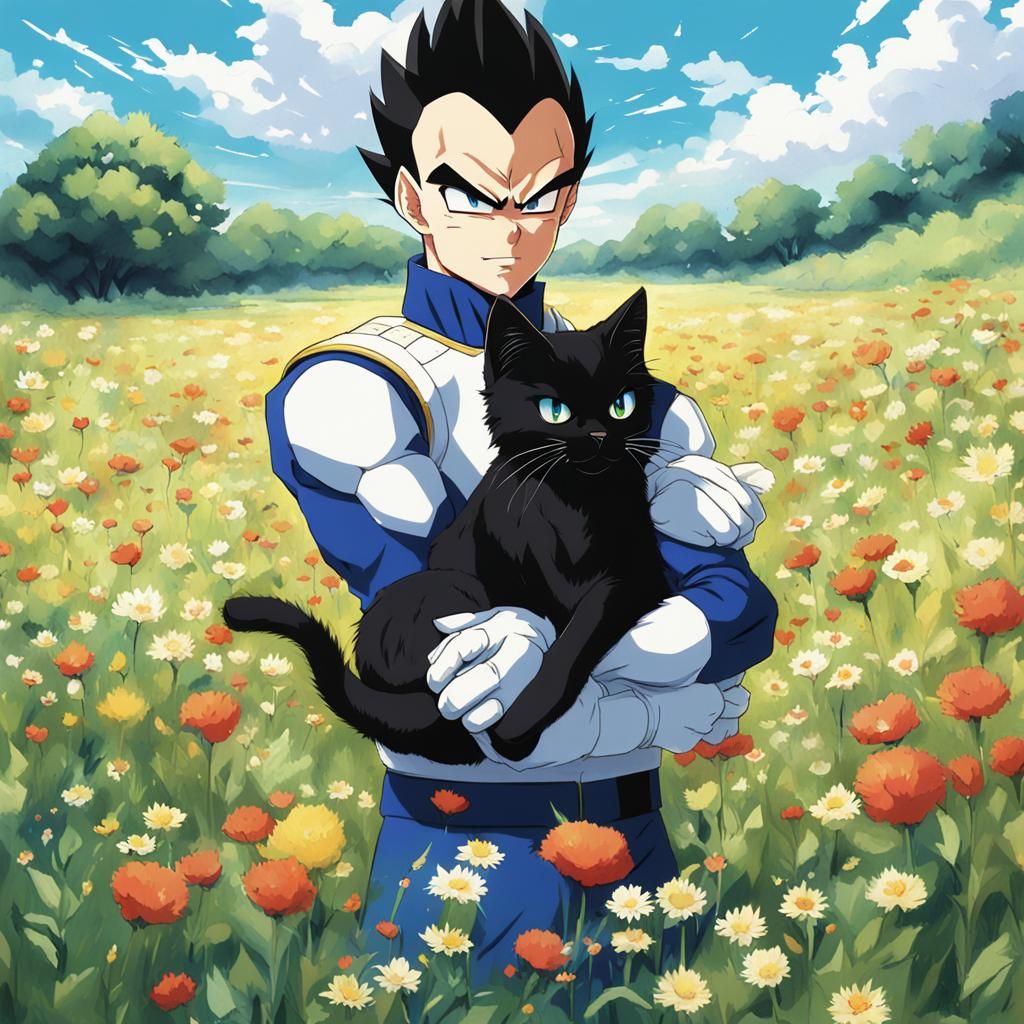 Vegeta Holding a Black Cat: Anime Art