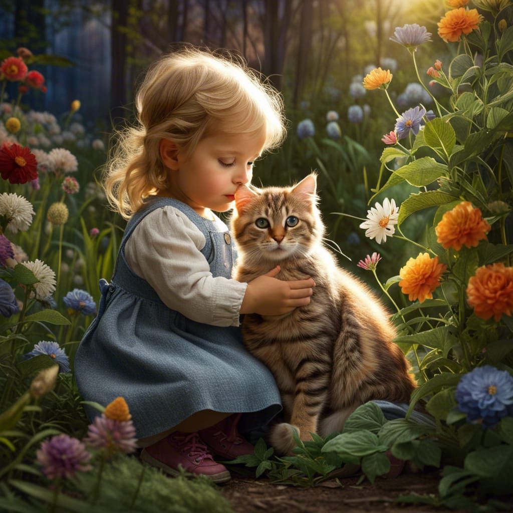 Child and Cat in Garden, Dreamy Fine Art Style