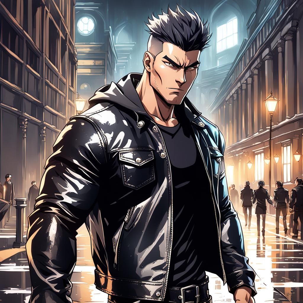 Muscular Man in Leather Jacket, Anime Key Visual