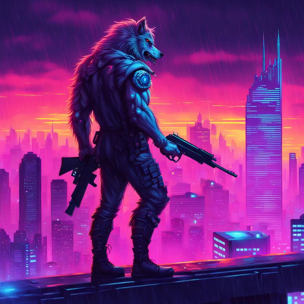 Cyberpunk Werewolf Warrior Oversees Rainy City