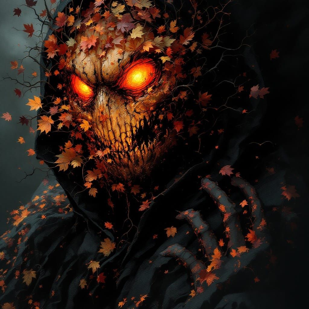 The Pumpkin King's Eerie Autumn Portrait in Fantasy Realism...