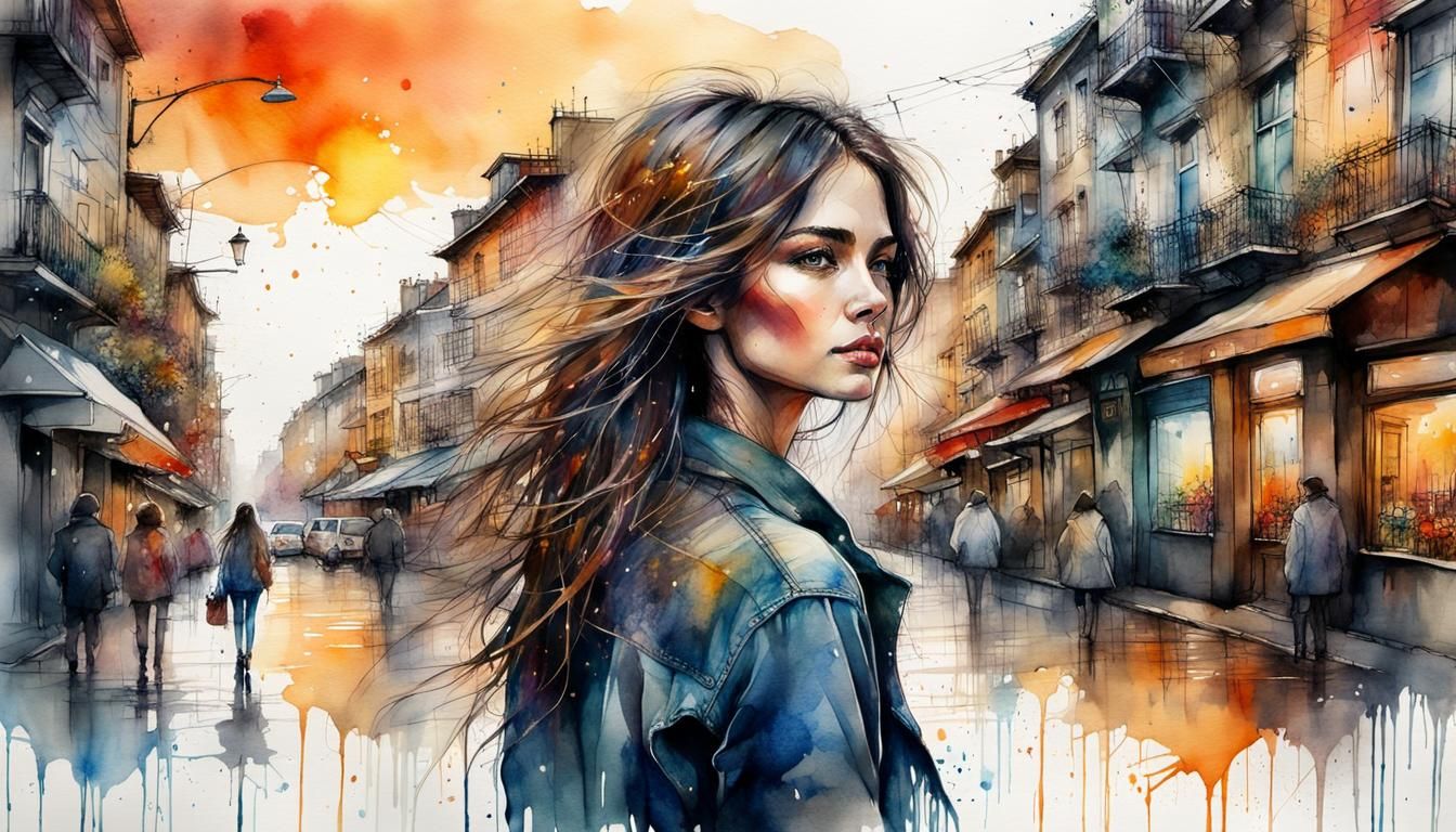Brunette Woman in Watercolor Cityscape at Sunset