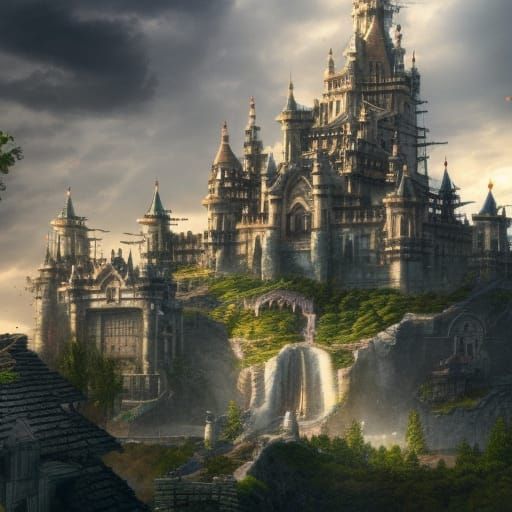 A castle with waterfalls