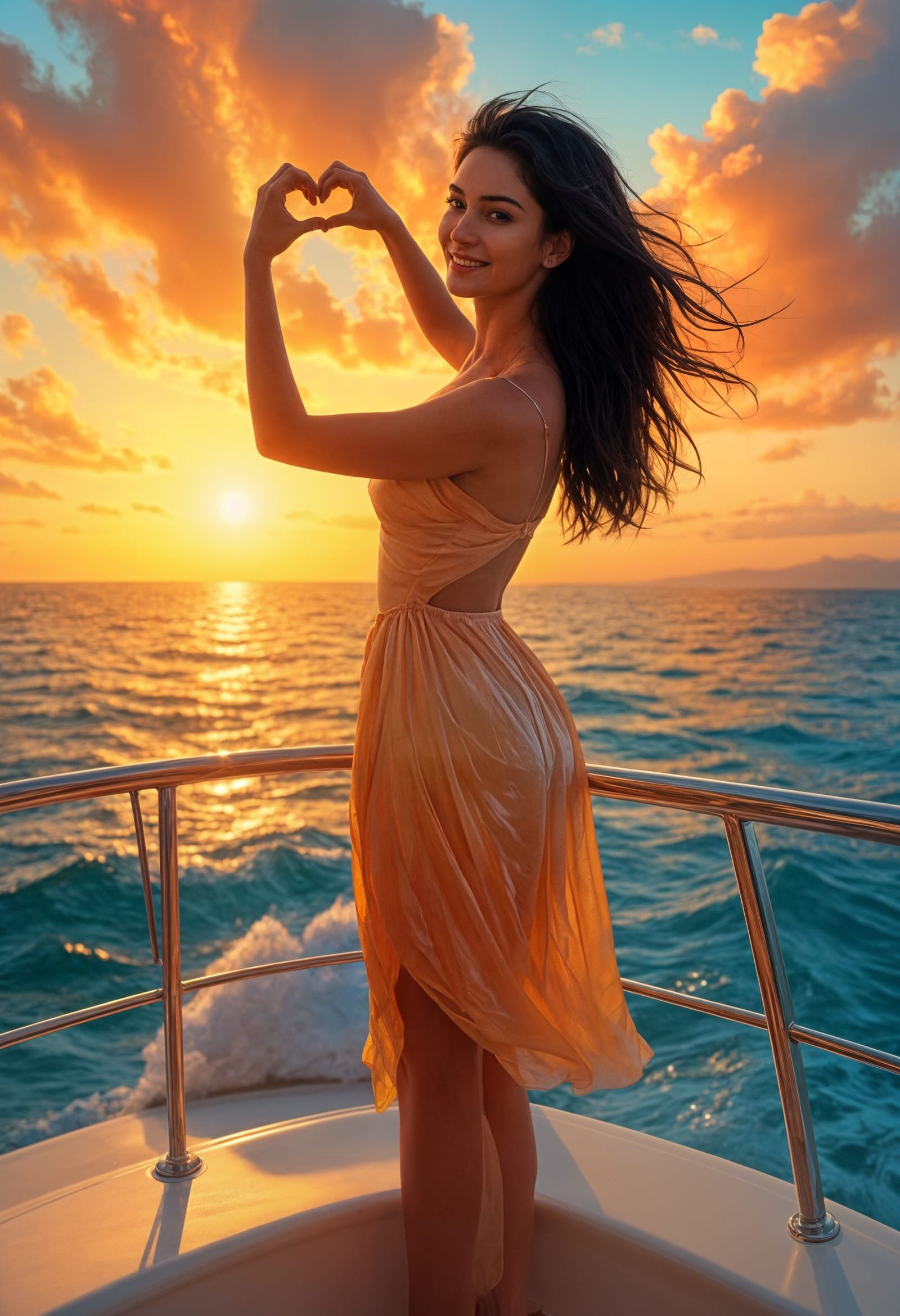 Young Woman Spreads Love on a Luxurious Yacht at Sunset