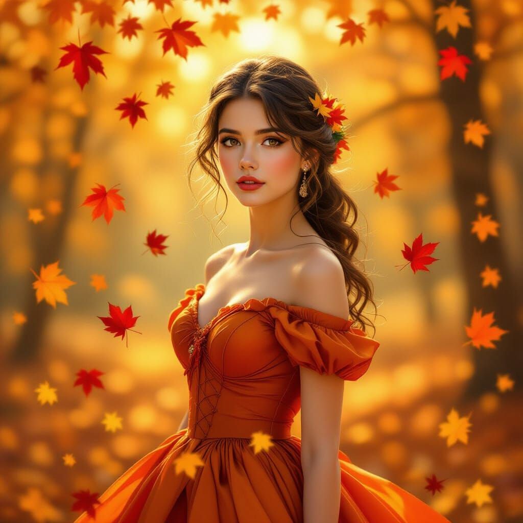 Woman in Autumn Dress Amidst Golden Forest