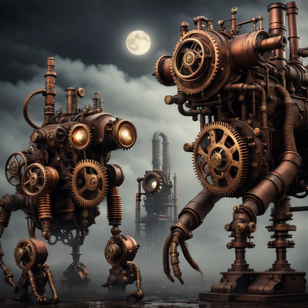 Steampunk Mechanical Monsters in Industrial Landscape