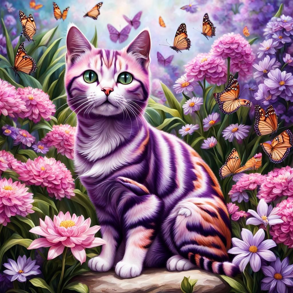 Floral Tabby Cat with Butterflies in Hyperrealistic Style