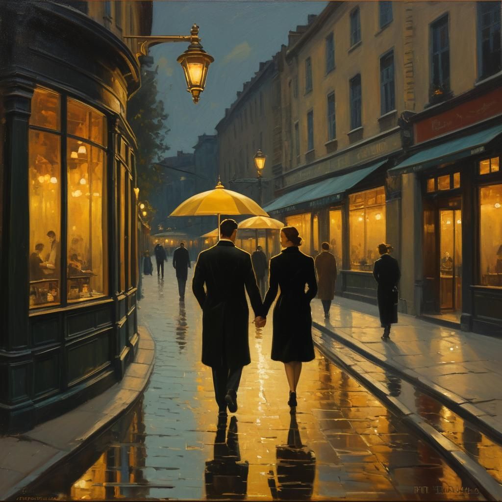 Romantic Evening Stroll: Oil Painting with Golden Light