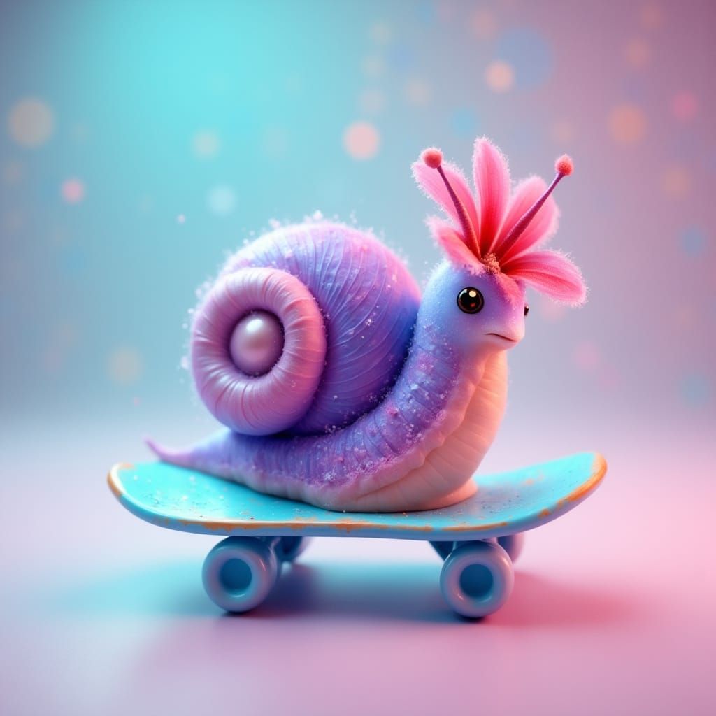 Cute Snail Rides Skateboard: 3D Digital Art