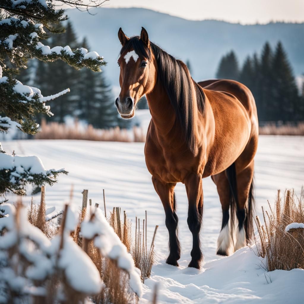 Dreamy Snowy Farm with Beautiful Horse
