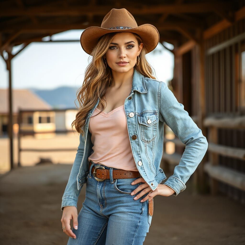 Confident Cowgirl in Rustic Landscape