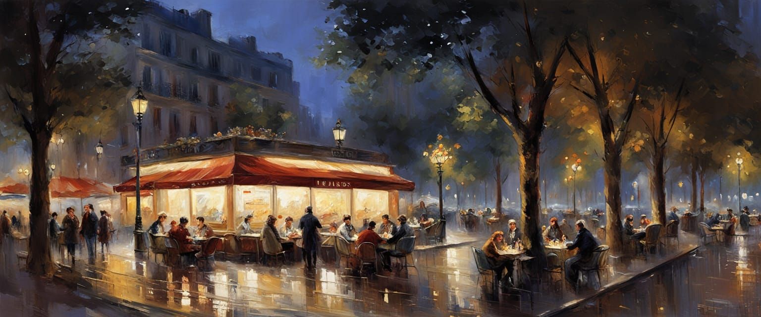 Parisian Night Cafe Outdoor Seating as Impressionist Art