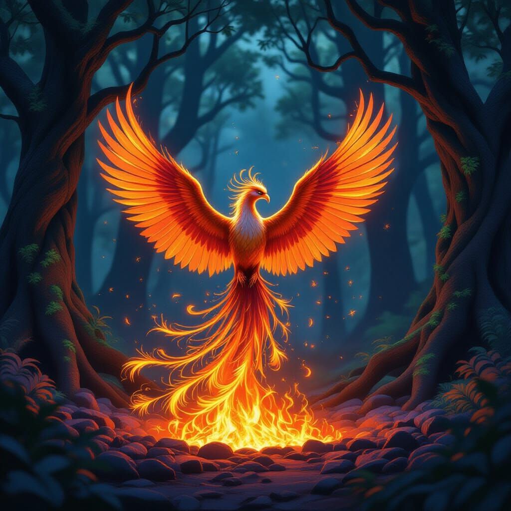 Majestic Phoenix Rises in Mystical Forest, Fantasy Art Style