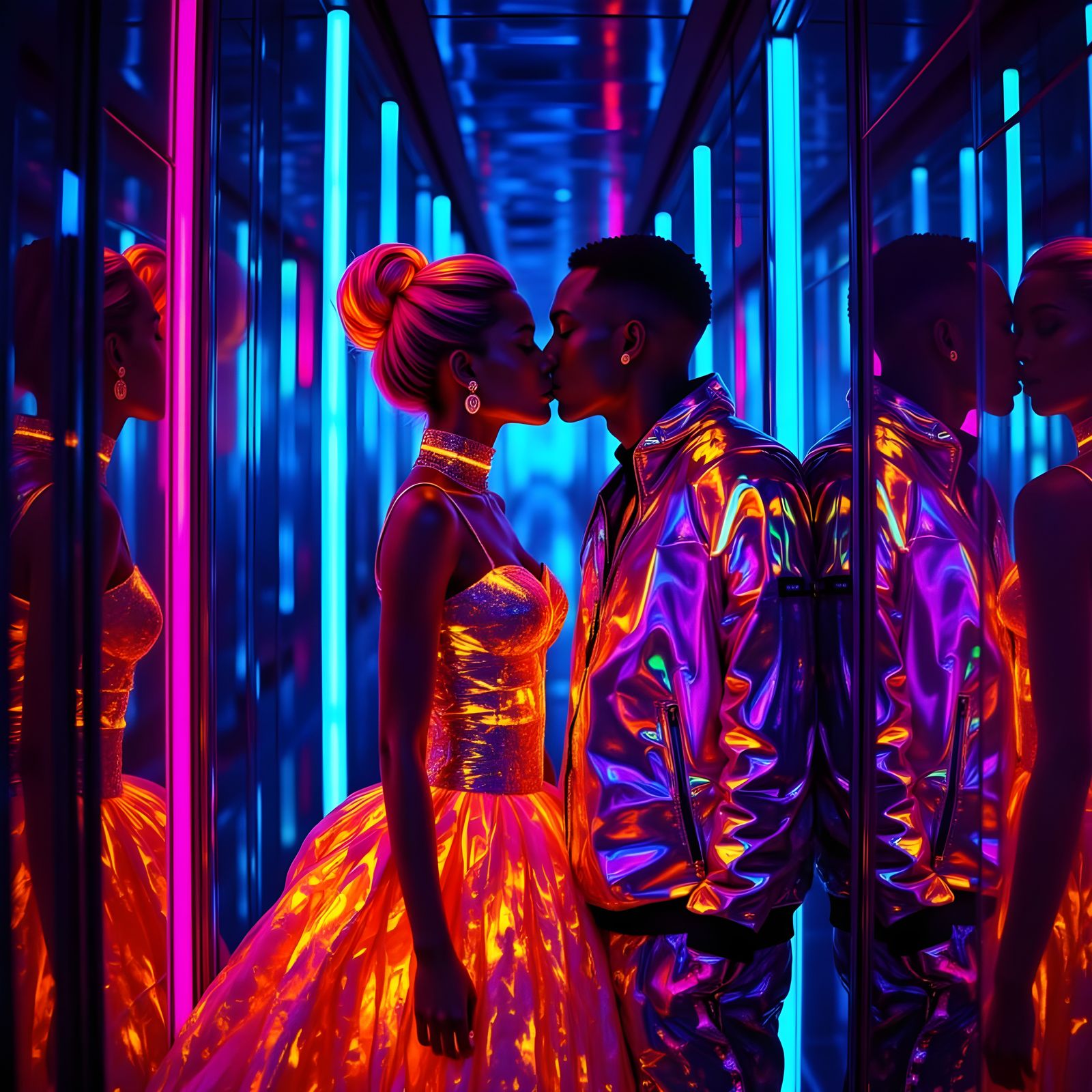 Cyberpunk King and Baroque Queen Kissing in Neon Hallway