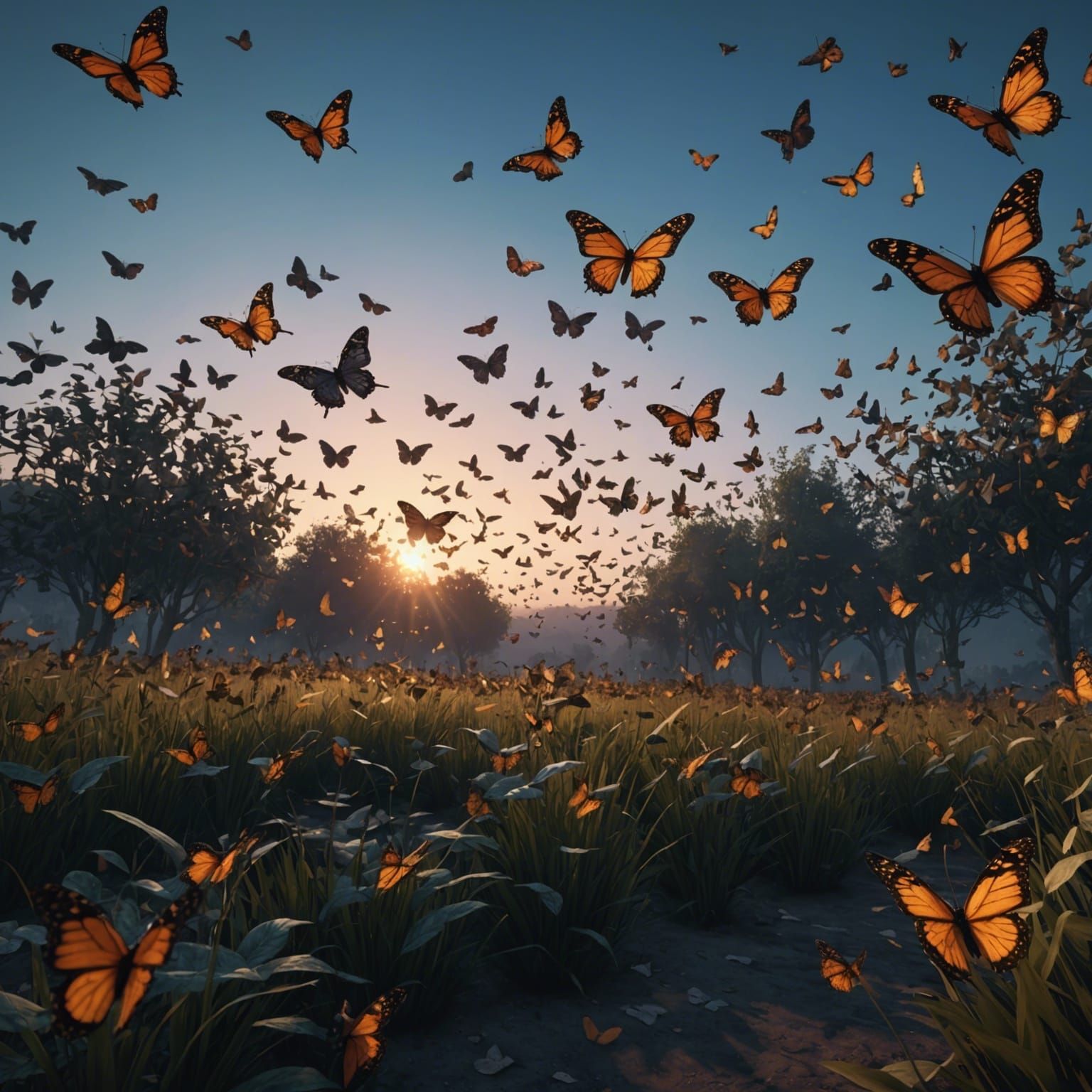 Butterflies at Dusk in Cinematic 3D Render