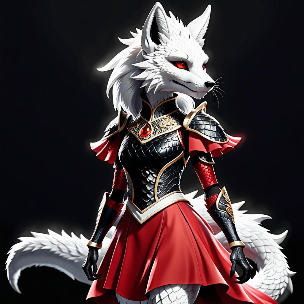 Anime Art of White Fox Girl with Dragon Features