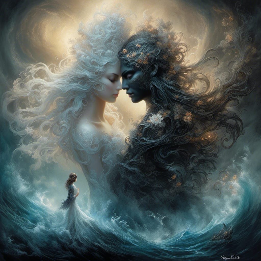 Ethereal Faces Reflecting Duality in Watercolour Style